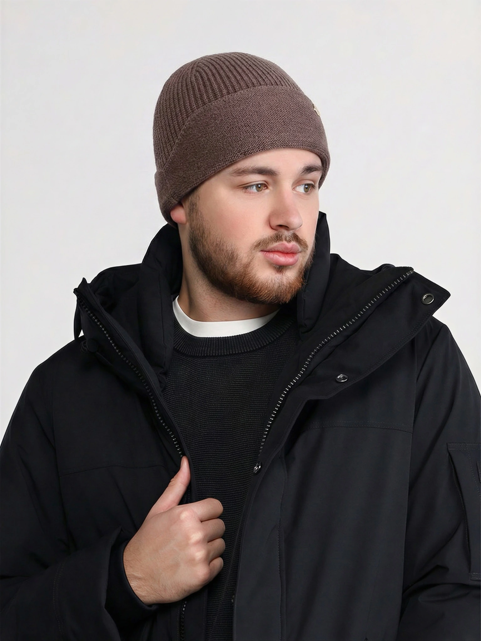 Шапка-бини из смесовой вискозы двойная с отворотом в ассортименте